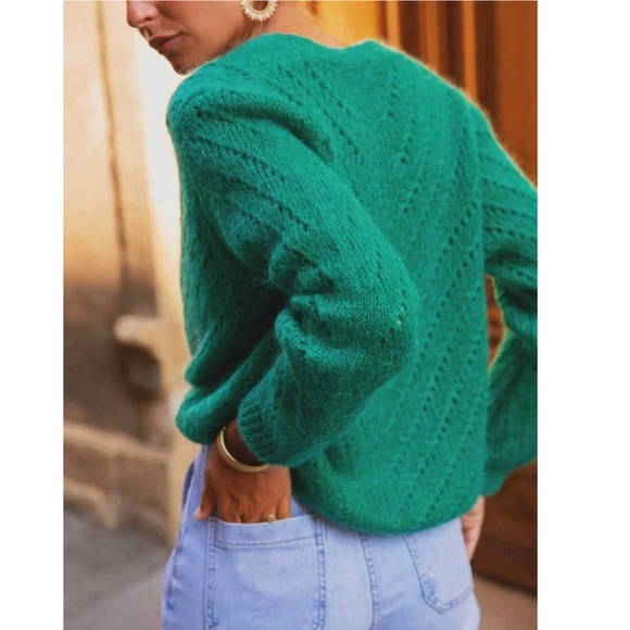 V-Cut Buttoned Down Green Knit Cardigan Textured, Long Sleeve - Picture 3 of 7